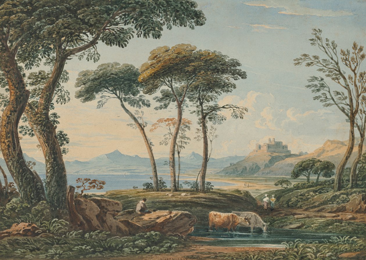 En avlägsen vy över Harlech Castle och Snowdon bortom, norra Wales av John Varley