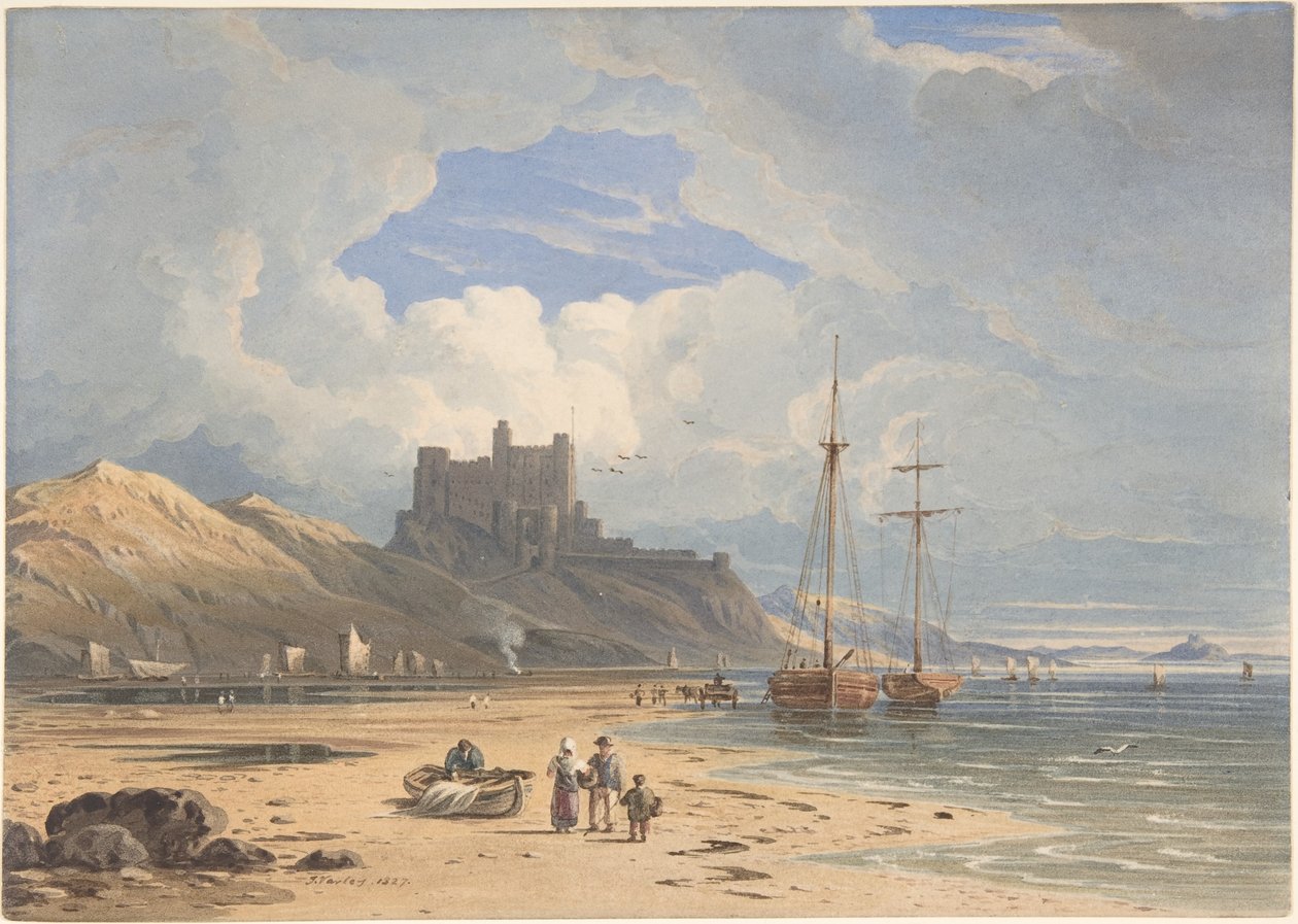 Bamborough Castle från nordost, med Holy Island i fjärran, Northumberland av John Varley