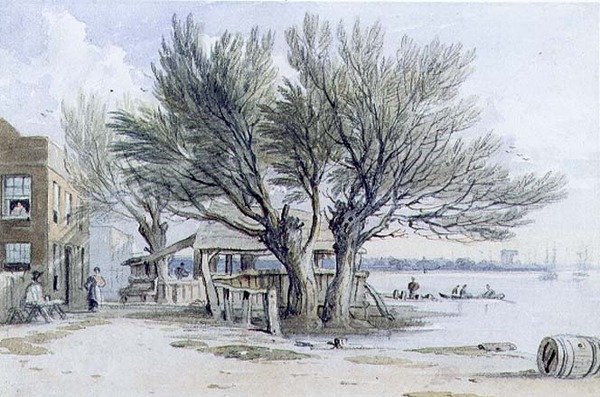Byggnader och pollarde träd på stranden av Themsen, Millbank (akvarell, penna, penna och bläck) av John Varley