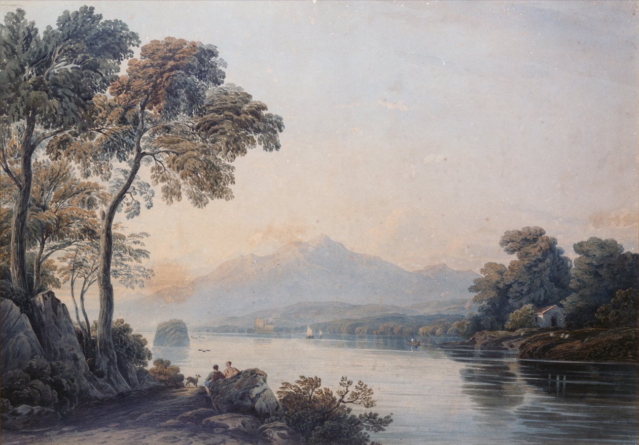 Figurer med en hund på stranden av Lake Killarney (akvarell) av John Varley