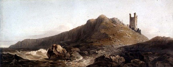 PD.10-1997 Dunstanburgh Castle: The Lilburn Tower, c.1809 (grafit och akvarell på papper) av John Varley