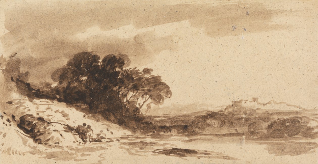Flodlandskap med två figurer, sjö och avlägsna berg av John Varley