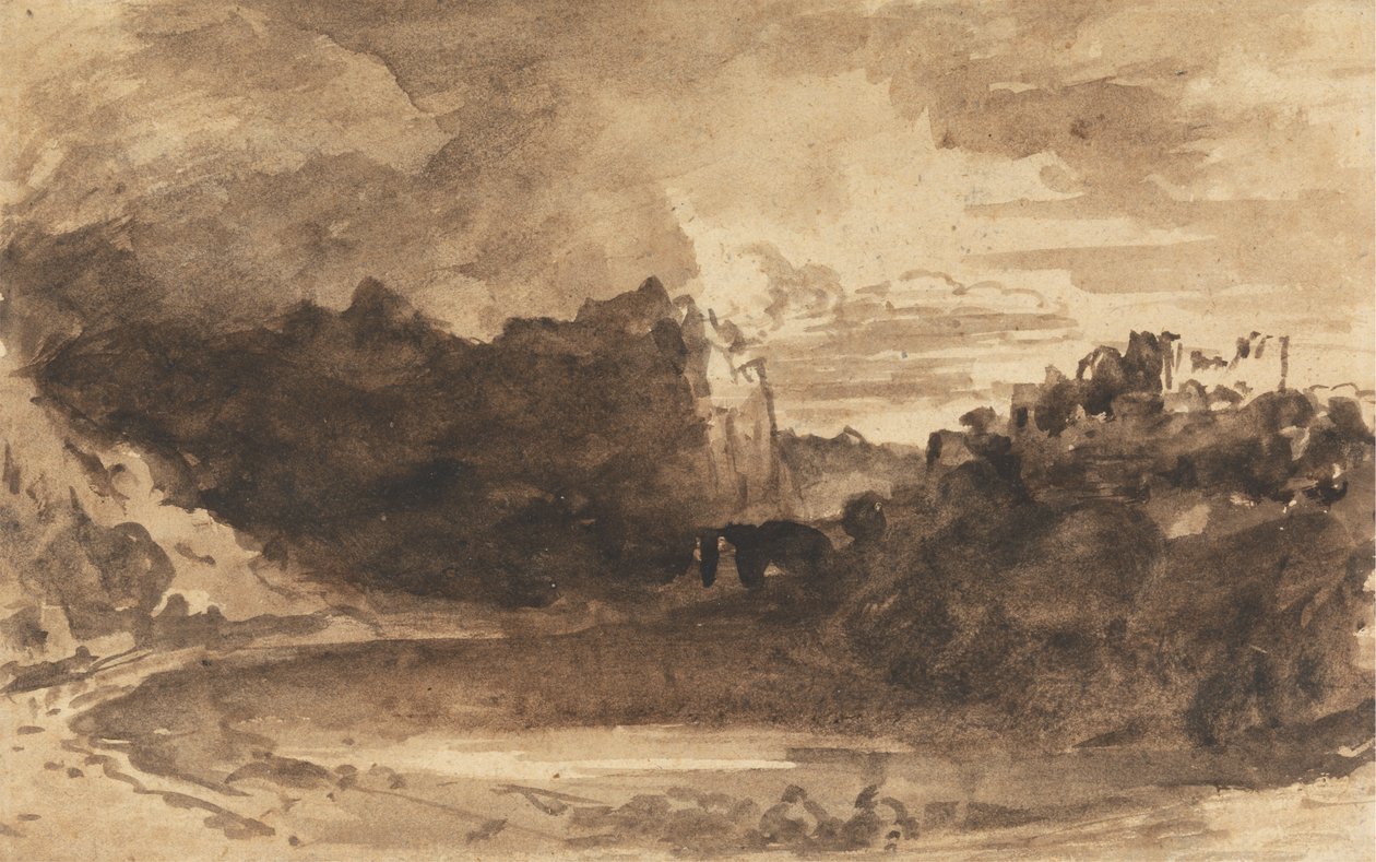 Romantiskt landskap med klippor och ett slott av John Varley
