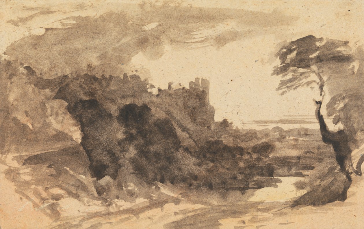 Romantiskt landskap med ett slott och ett träd till höger av John Varley
