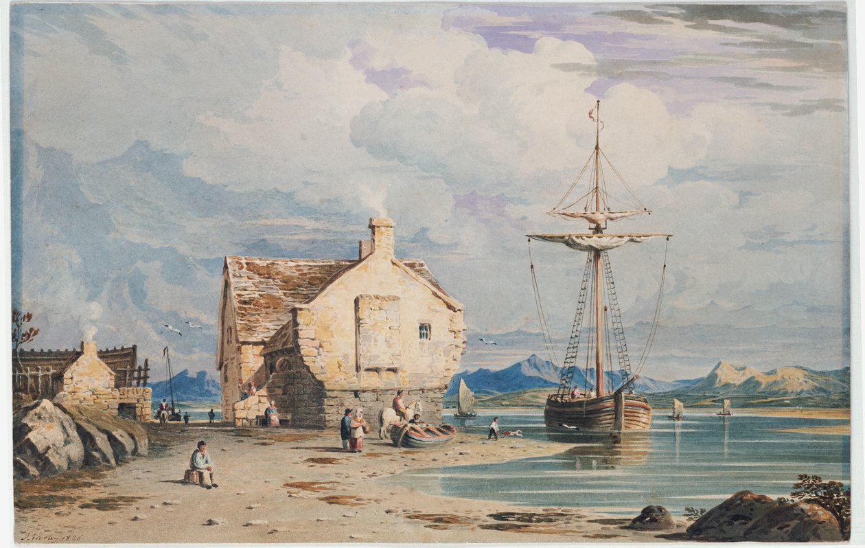 Tegwin-färja med Snowdon i fjärran, från nära Harlech, norra Wales, 1826 av John Varley