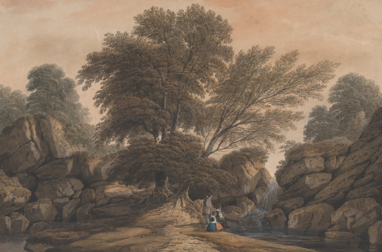 Figurer bredvid ett vattenfall och en pool i ett skogslandskap, 1812. av John Varley I