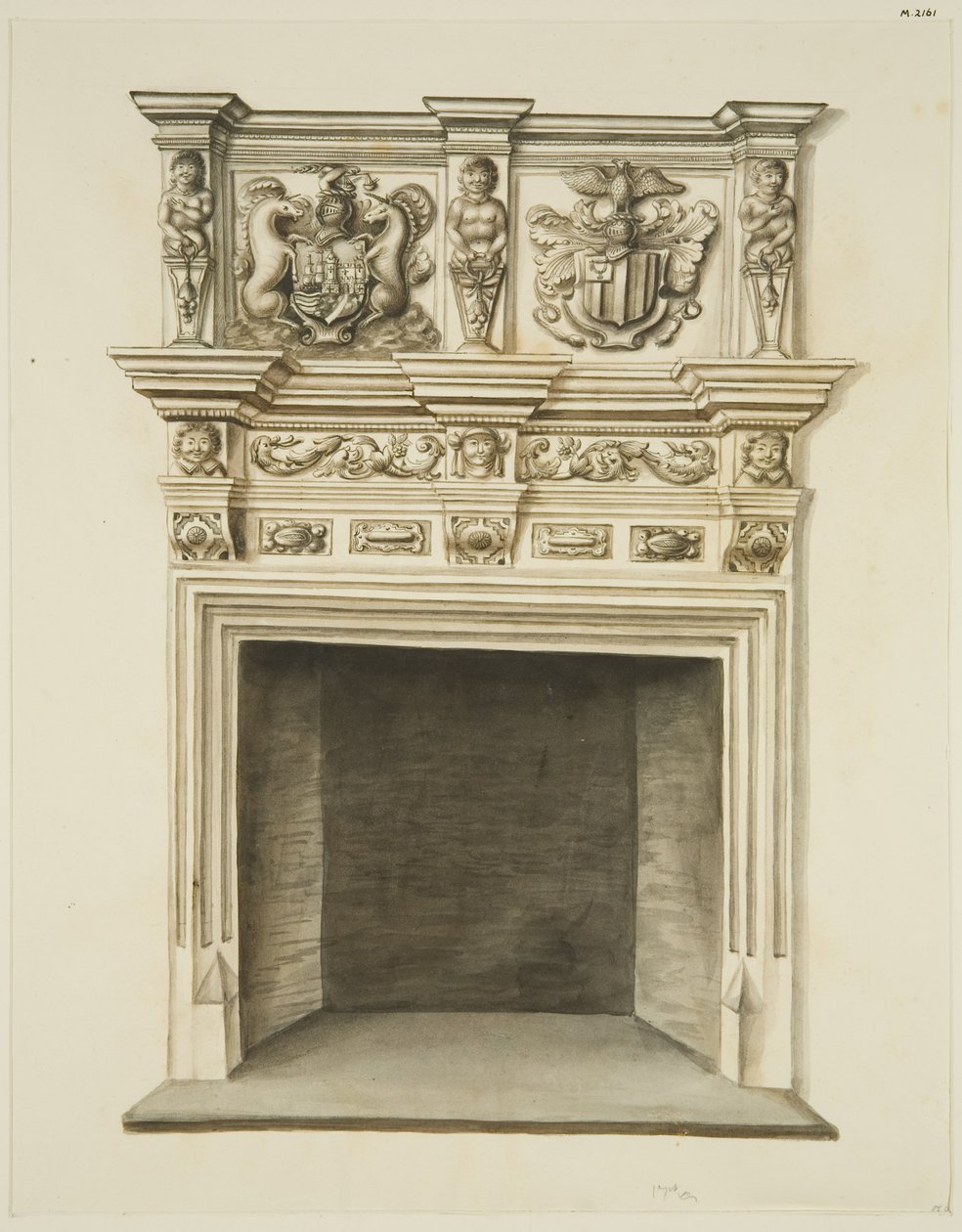 Skorstensstycke i tidigare bostad av Sir John Knight, Temple Street (penna och akvarell på papper) av John W. Brett