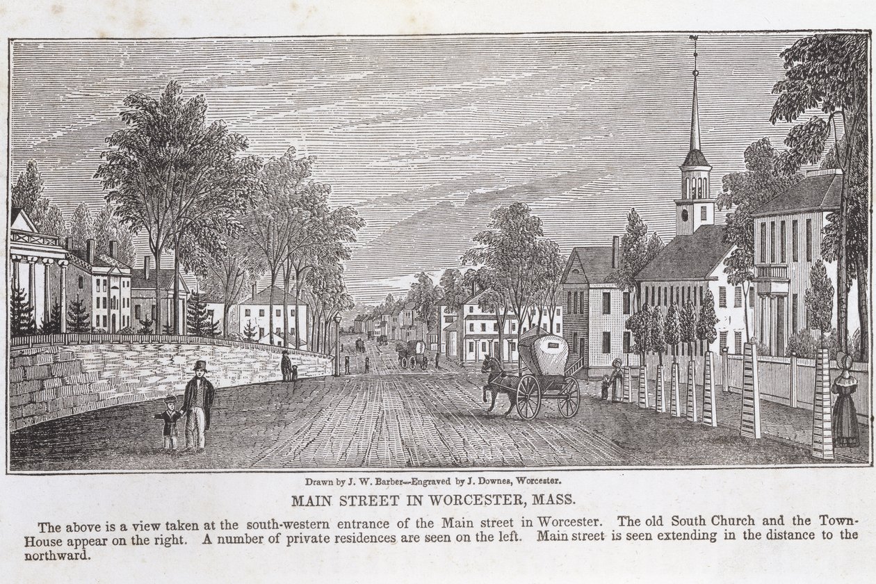 Main street i Worcester, från "Historical Collections of Massachusetts", av John Warner Barber, graverad av J. Downes, 1839 av John Warner Barber