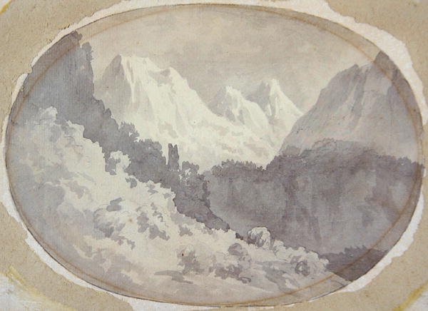Alpine Scene (grå tvätt över grafit på papper) av John Warwick Smith