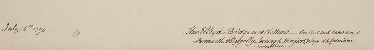 Llanelltyd-bron över Maw, på vägen mellan Barmouth och Dolgellau, med utsikt över Hengwrt och vidare till Cader Idris, Merionethshire, 16 juli 1790 av John Warwick Smith