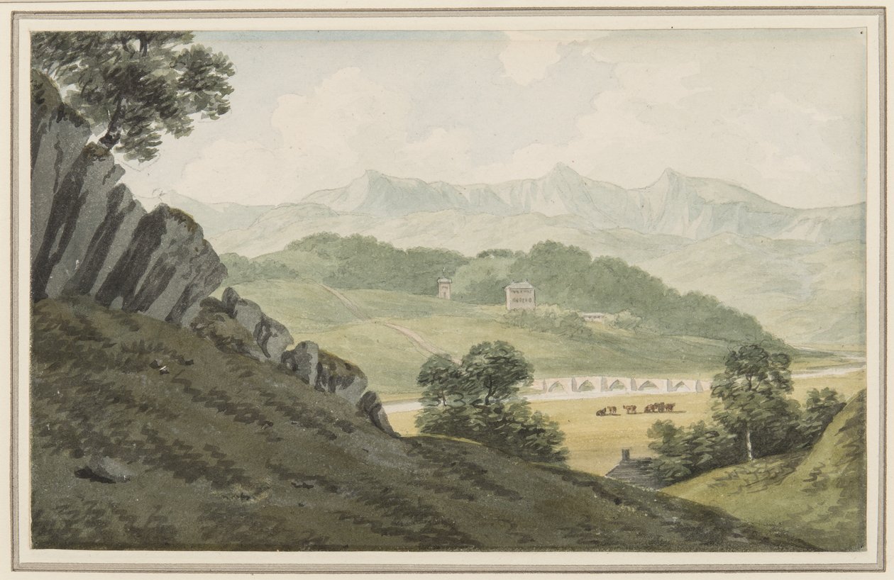 Llanelltyd-bron över Maw, på vägen mellan Barmouth och Dolgellau, med utsikt mot Hengwrt och vidare till Cader Idris, Merionethshire, 16 juli 1790 (wc på papper) av John Warwick Smith