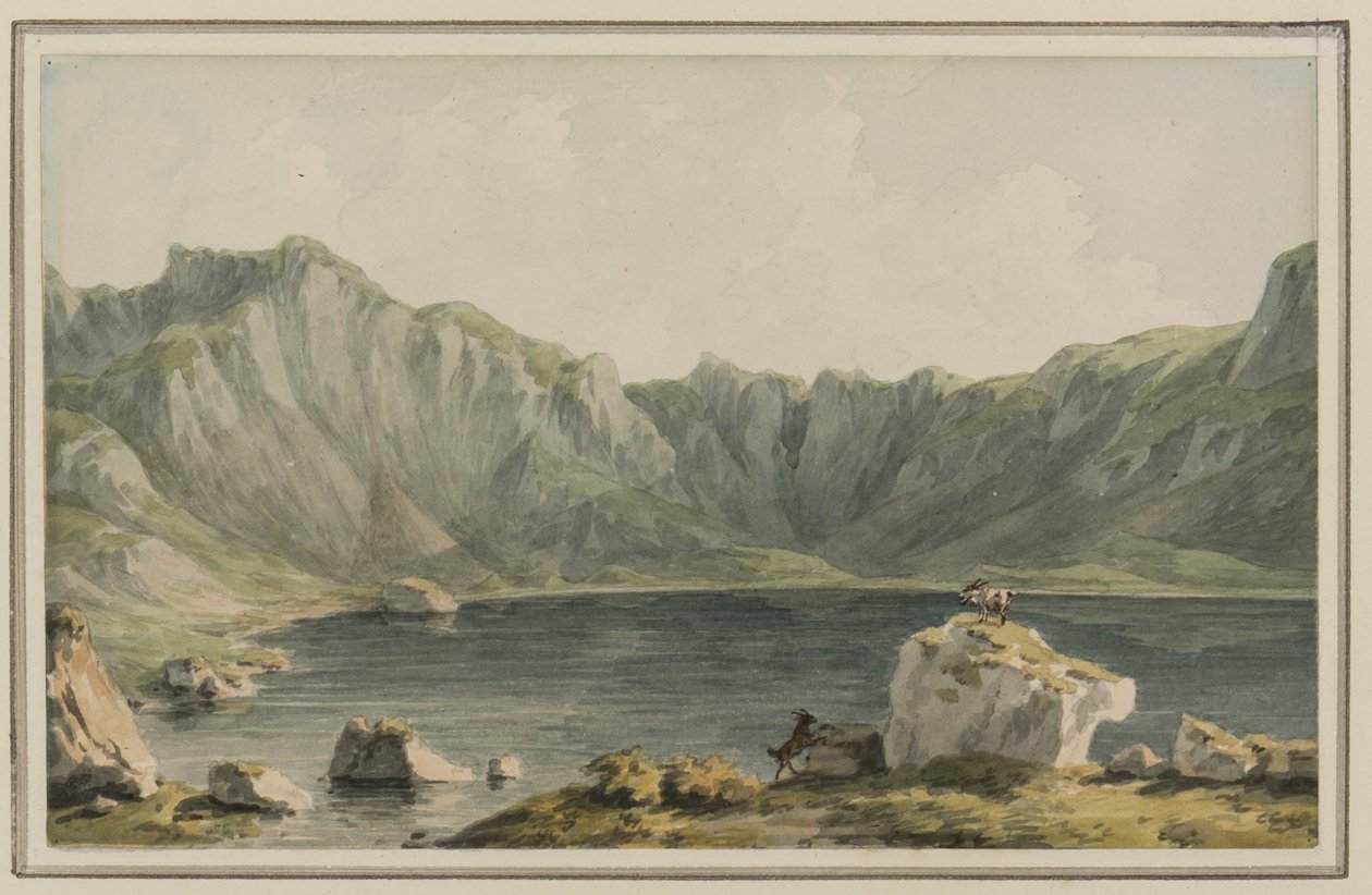 Llyn Idwal, närmar sig den från Llyn Ogwen, Carnarvonshire, ca 1795 (wc på papper) av John Warwick Smith