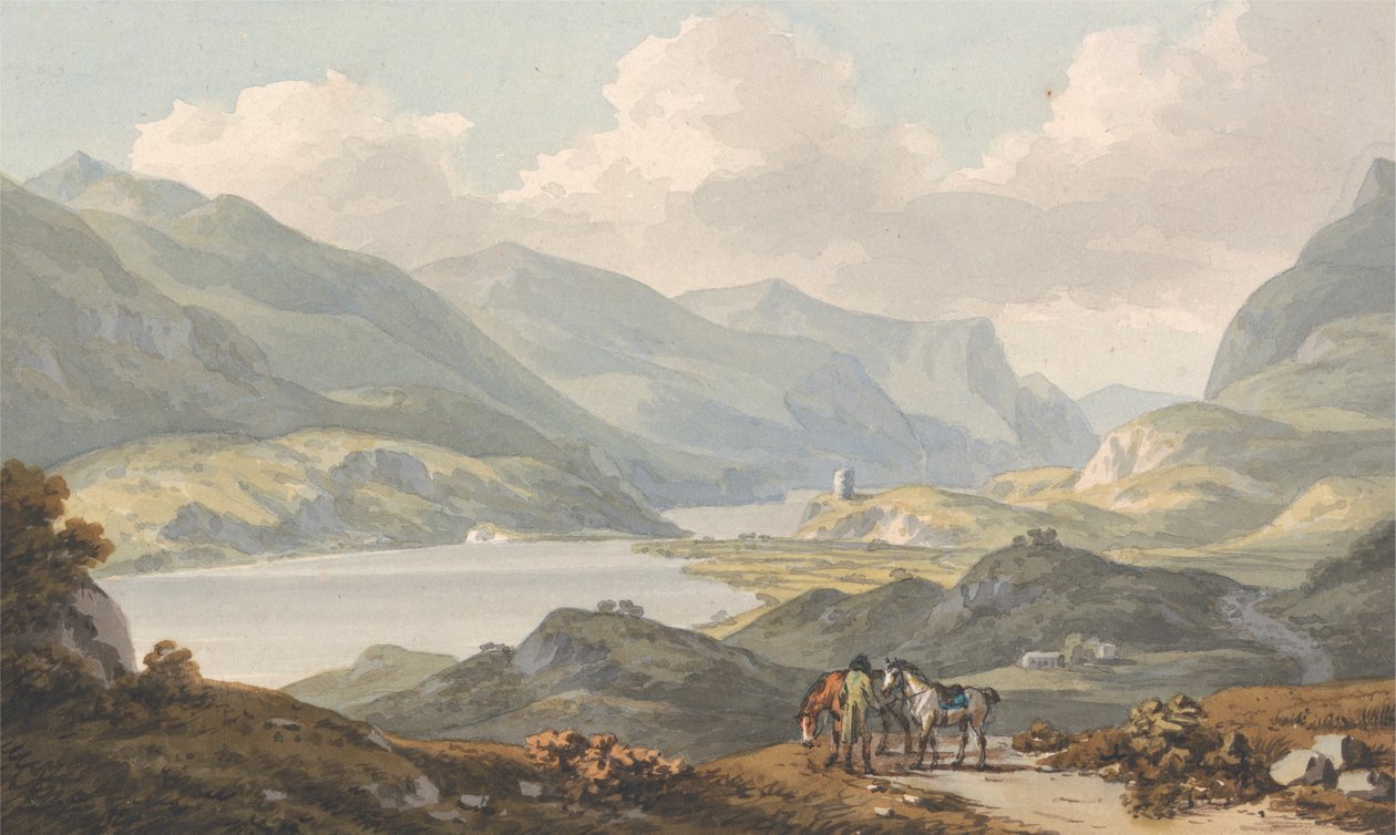 Llanberis sjöar - från vägen från Caernarfon Går till Llanberis, Caernarfonshire av John Warwick Smith