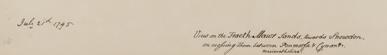"Utsikt över Fraeth Mawr Sands, mot Snowdon, när du korsar dem mellan Penmorsa & Cynant, Merionethshire", 21 juli 1795 (penna och bläck på papper) av John Warwick Smith
