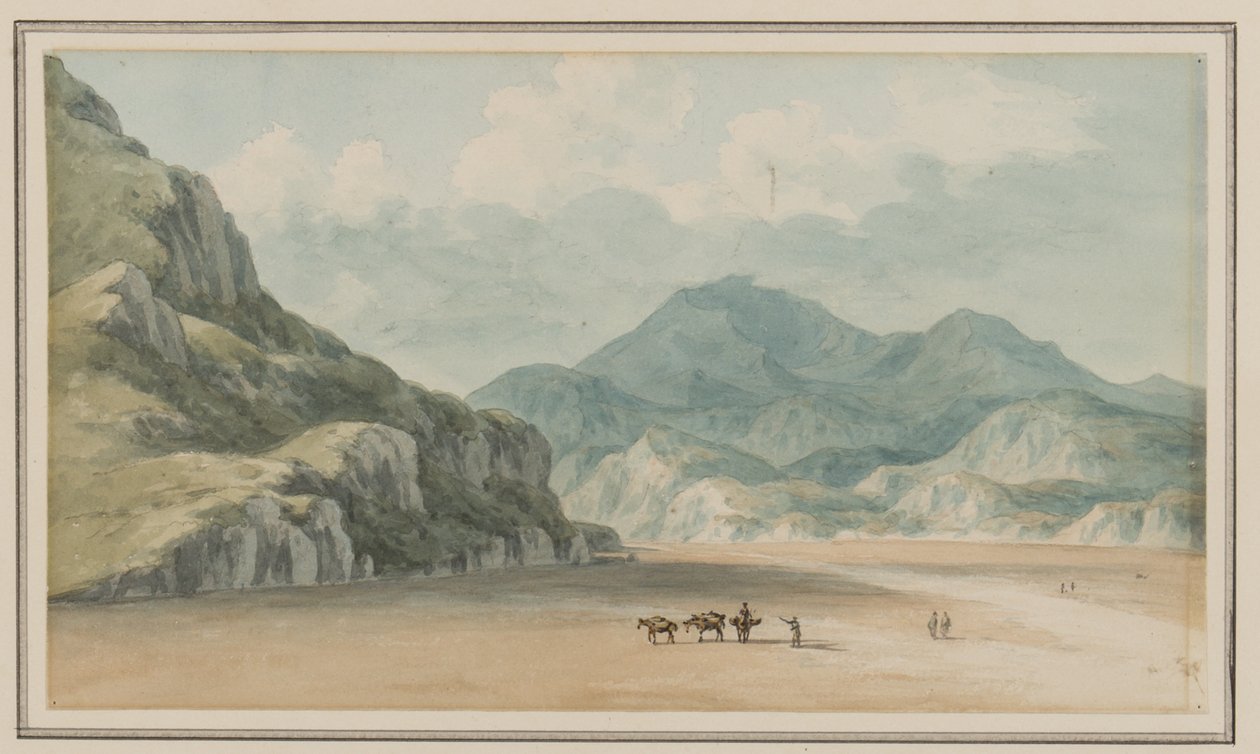 Utsikt över Fraeth Mawr Sands, mot Snowdon, när du korsar dem mellan Penmorsa och Cynant, Merionethshire, 21 juli 1795 (wc på papper) av John Warwick Smith