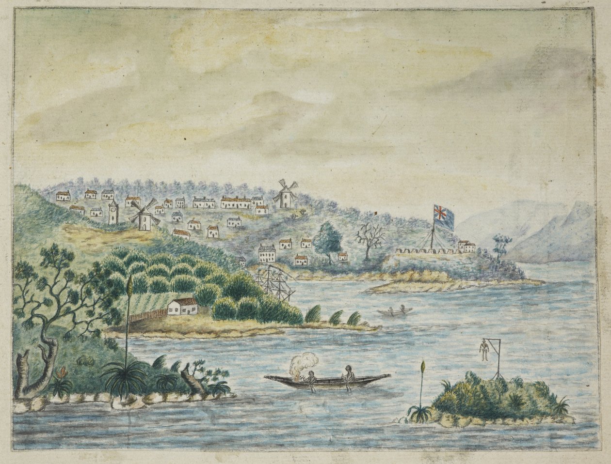 Lägg till. 13880, f.79 Utsikt över en brittisk koloni. I förgrunden, infödda i en kanot, från en Journal som fördes ombord på Minerva-transporten, från Irland till New South Wales och Bengal, av John Washington Price av John Washington Price