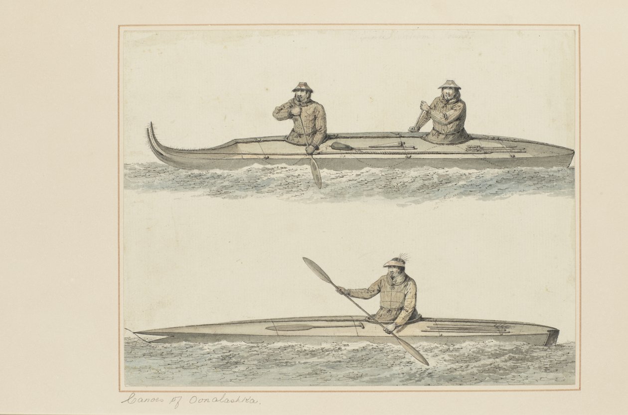 30: Canoes of Onalaska, från en serie akvareller som illustrerar Captain Cooks sista resa, ca 1773-84 (wc på papper) av John Webber