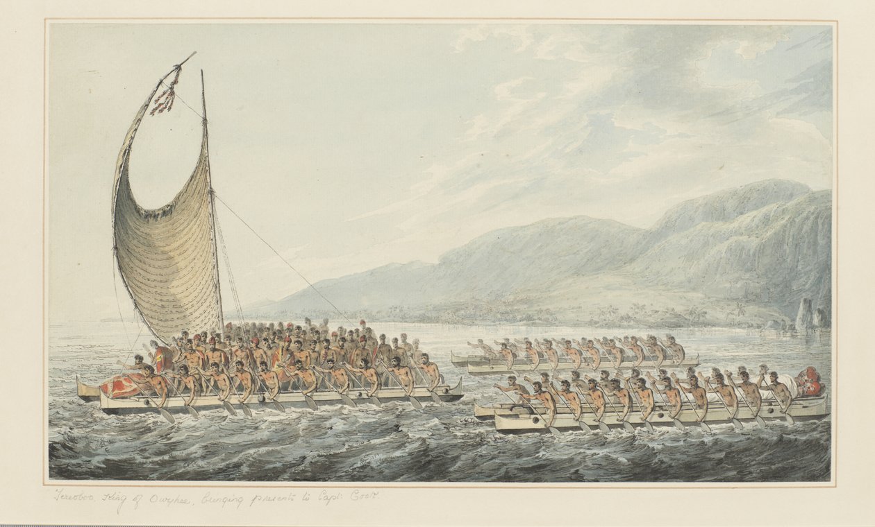 35: Tereoboo, kung av Owyhee, ger presenter till Captain Cook, från en serie akvareller som illustrerar Captain Cooks sista resa, ca 1773-84 (akvarell på papper) av John Webber