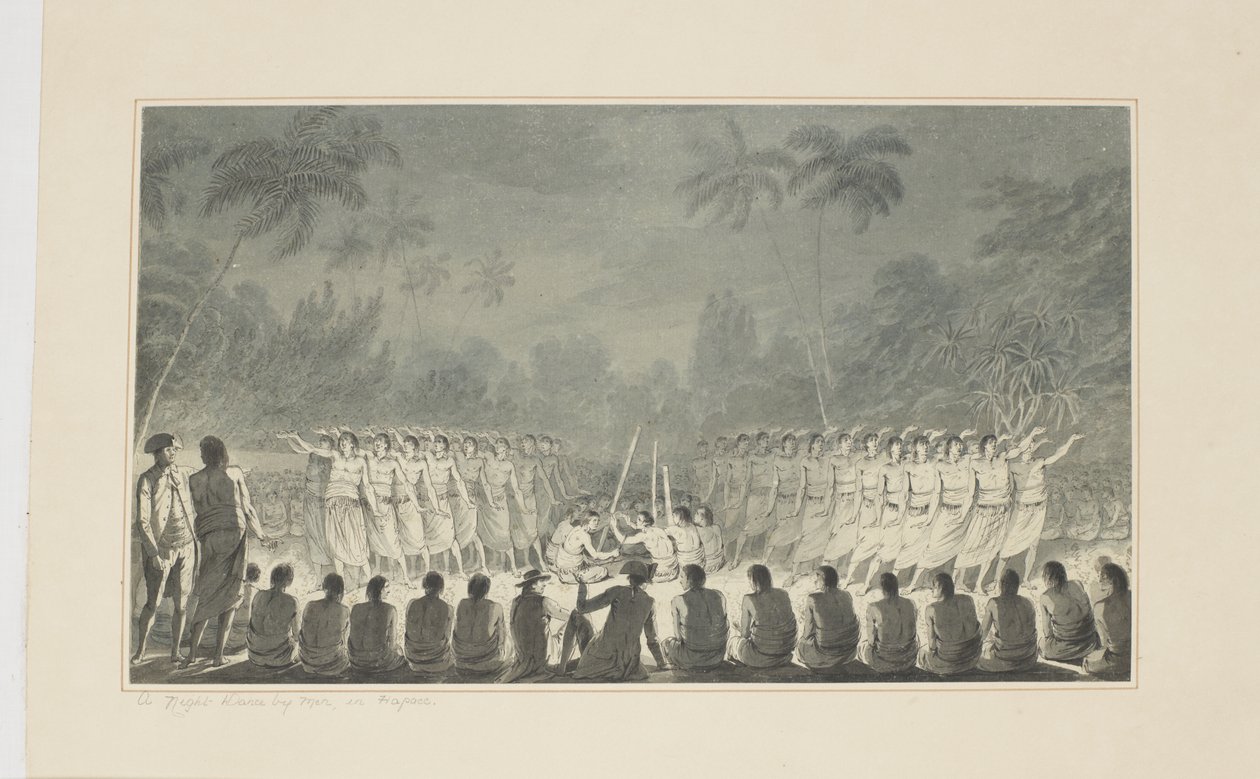 5: A Night Dance by Men, in Hapaee, från en serie akvareller som illustrerar Captain Cooks sista resa, ca 1773-84 av John Webber