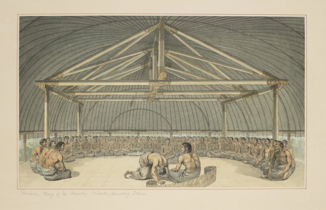 7: Poulaho, kung av de vänskapliga öarna, dricker Kava, från en serie akvareller som illustrerar Captain Cooks sista resa, ca 1773-84 av John Webber