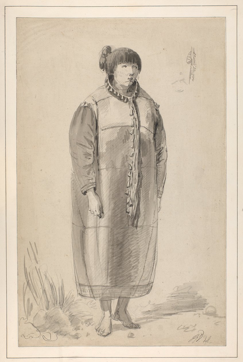 En teckning med titeln "A native female of North America" i en skissbok av John Webber av John Webber