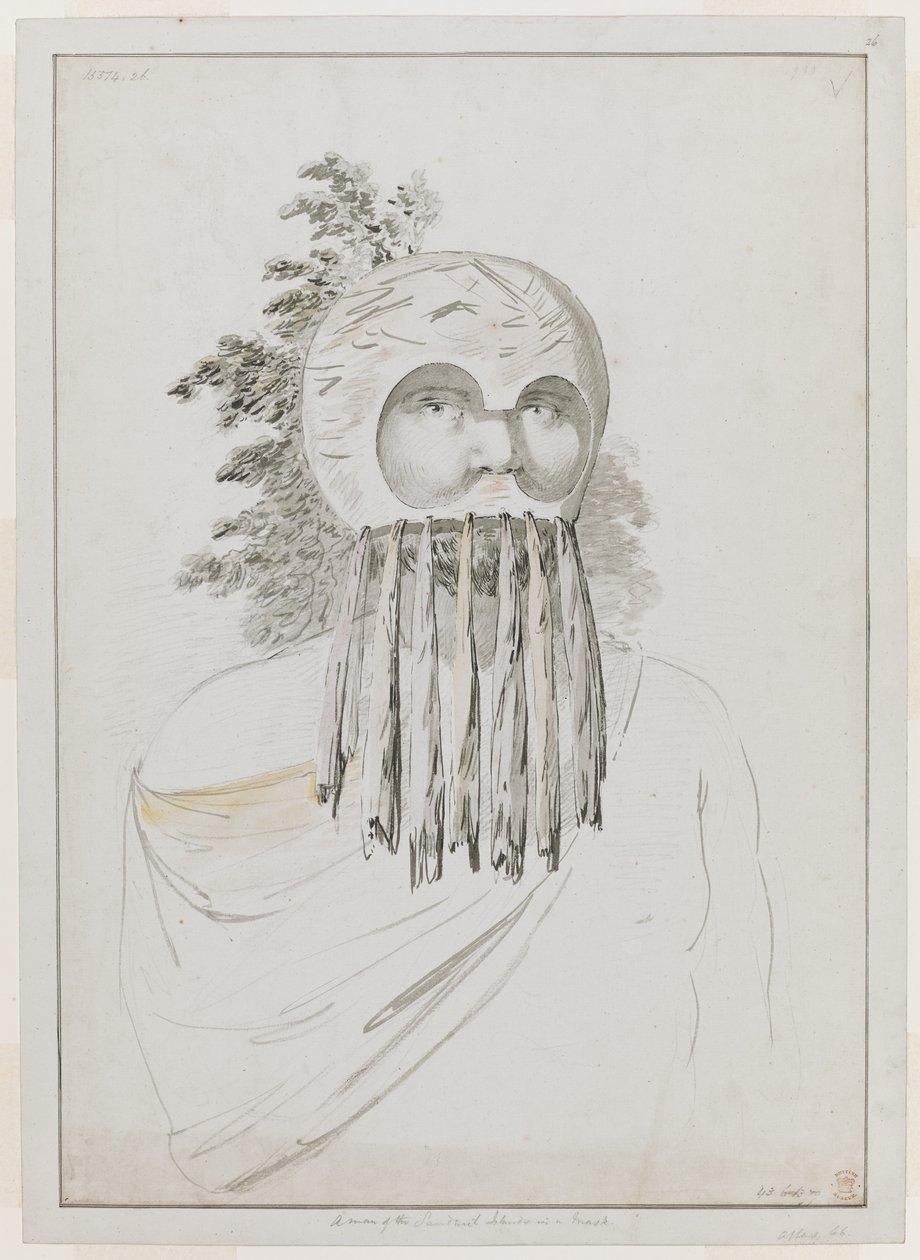 En man från Sandwichöarna i en mask. En man från Sandwichöarna i en mask bestående av en skålhuvudbonad med utskärningar för ögonen. av John Webber