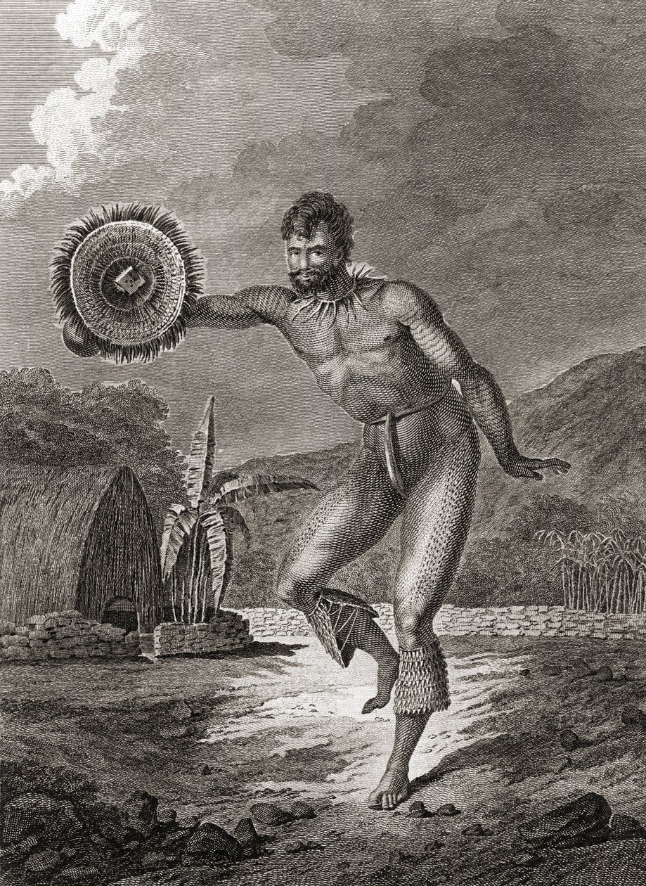 En tatuerad dansare i traditionell dräkt, Hawaii, 1778 av John Webber