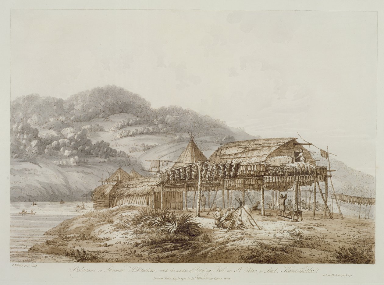 Balagans eller Summer Habitations, med metoden att torka fisk på St. Peter och Paul, Kamtschatka, från "Views in the South Seas", pub. 1792 av John Webber
