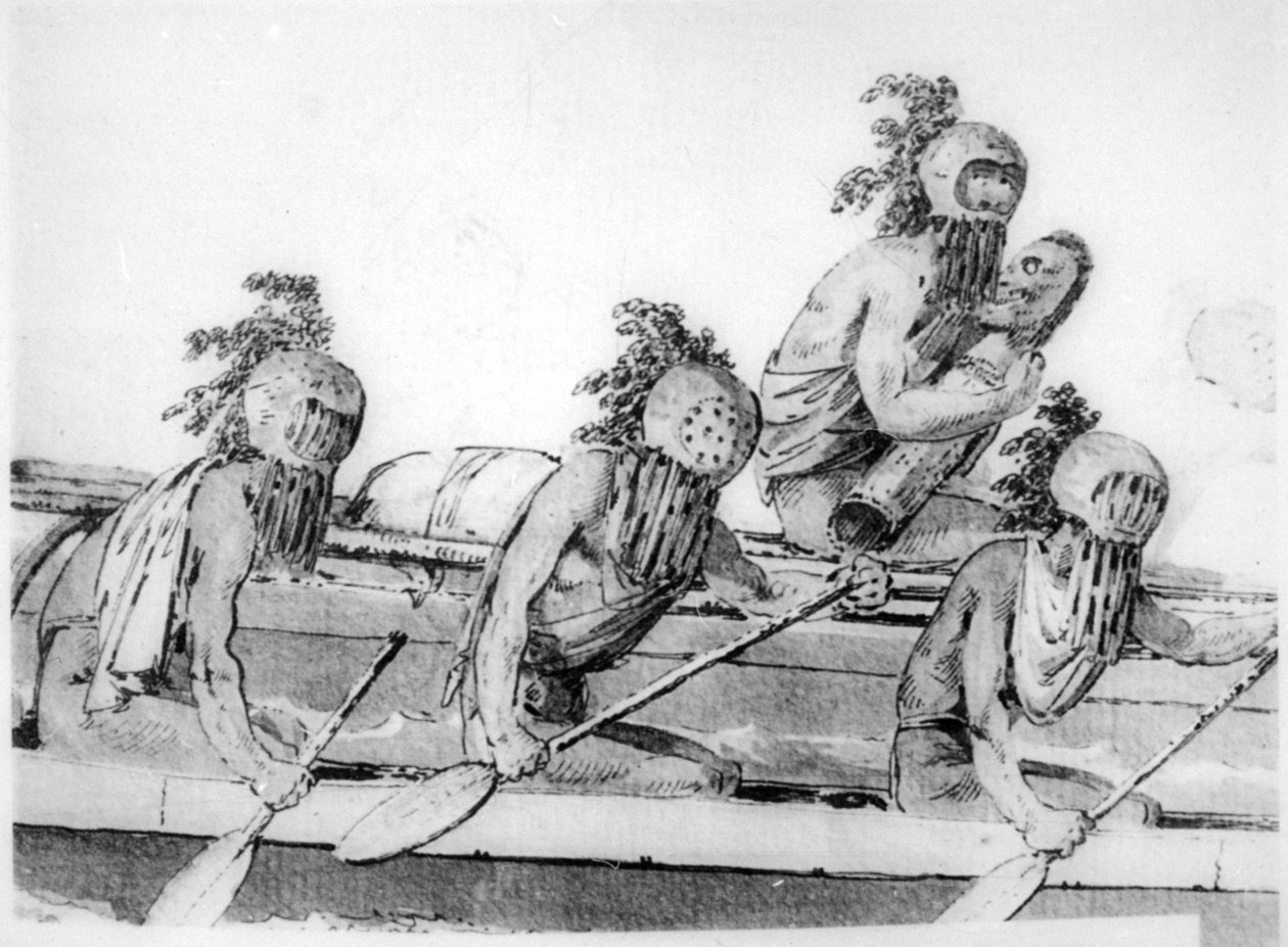 Dubbelkanot med rodare, Hawaii, 1700-tal av John Webber