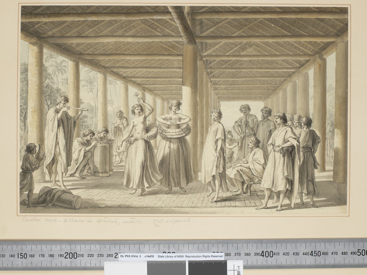 F.14 En annan scen, en dans i Otaheite, exteriör, ca 1773-84 (akvarell) av John Webber