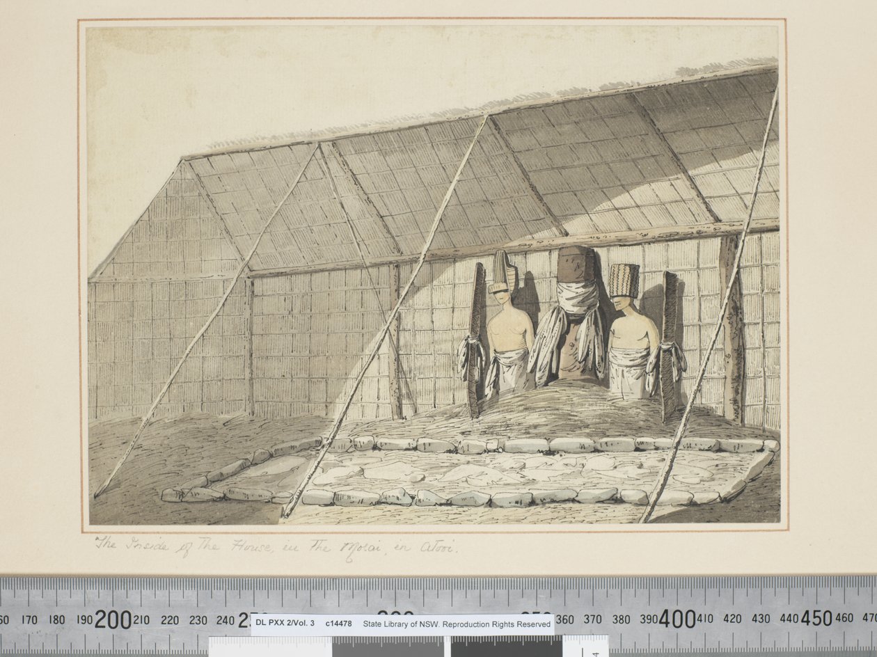 F.18 Insidan av huset, i Morai, i Atooi, c.1773-84 (akvarell) av John Webber