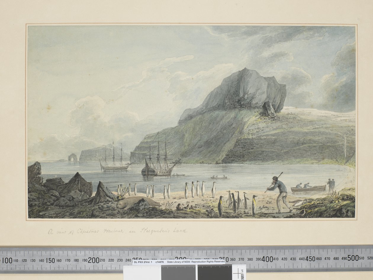 F.1 En vy över julhamnen i Kerguelens land, ca 1773-84 (akvarell & tryckgravyrer) av John Webber
