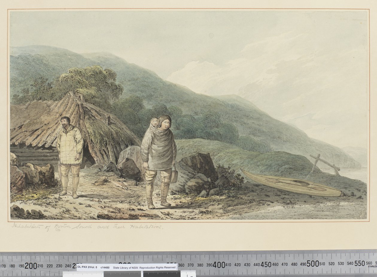 F.33 Invånare i Norton Sound och deras boplatser, ca 1773-84 (akvarell) av John Webber