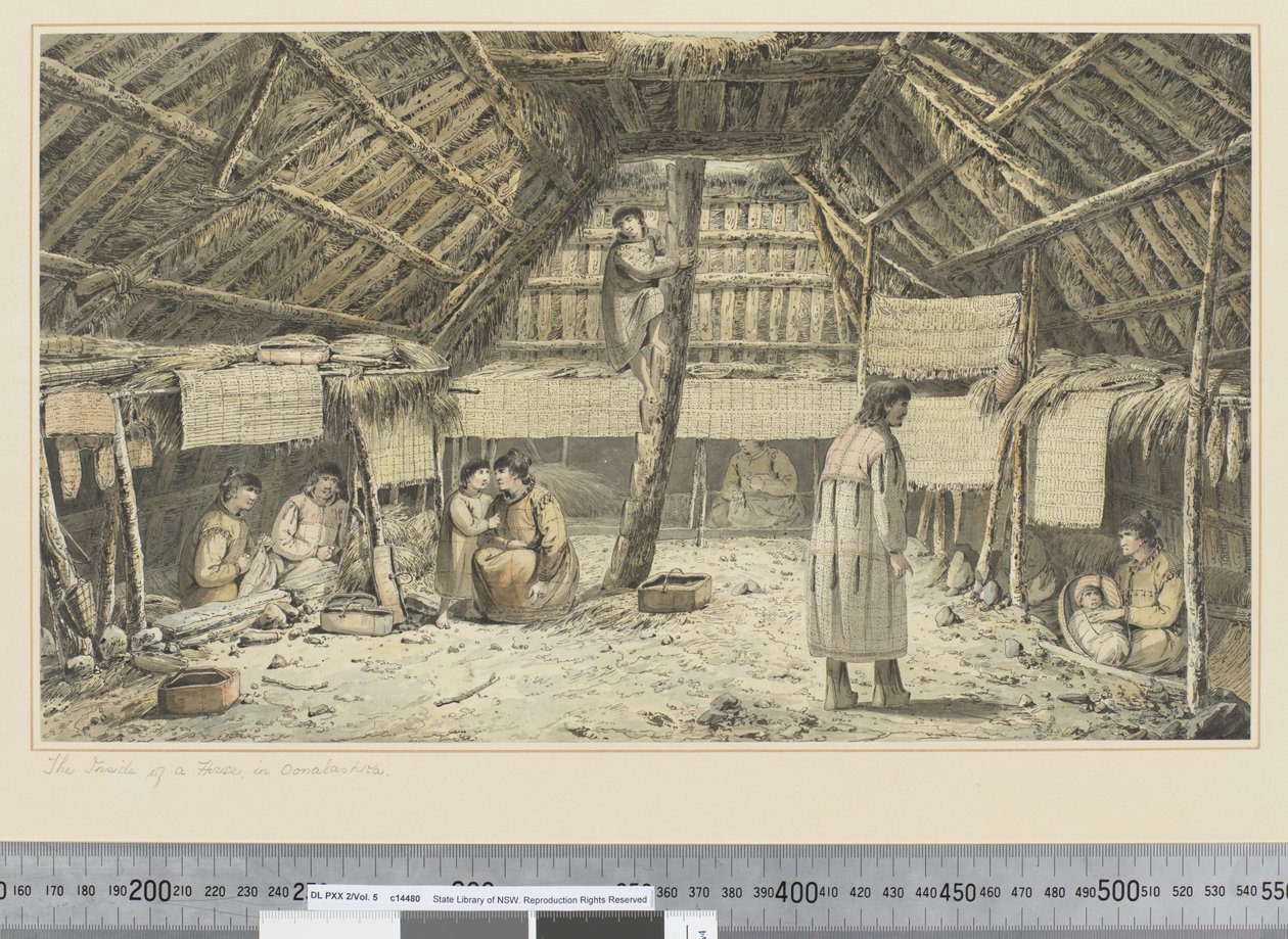 F.34 Insidan av ett hus i Oonalashka, ca 1773-84 (akvarell) av John Webber