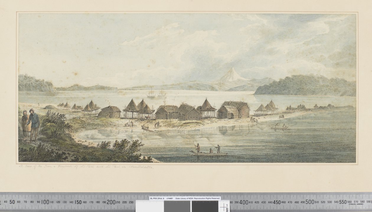 F.41 En utsikt över staden och hamnen i St. Peter och St. Paul i Kamtschatka, ca 1783-84 (akvarell) av John Webber