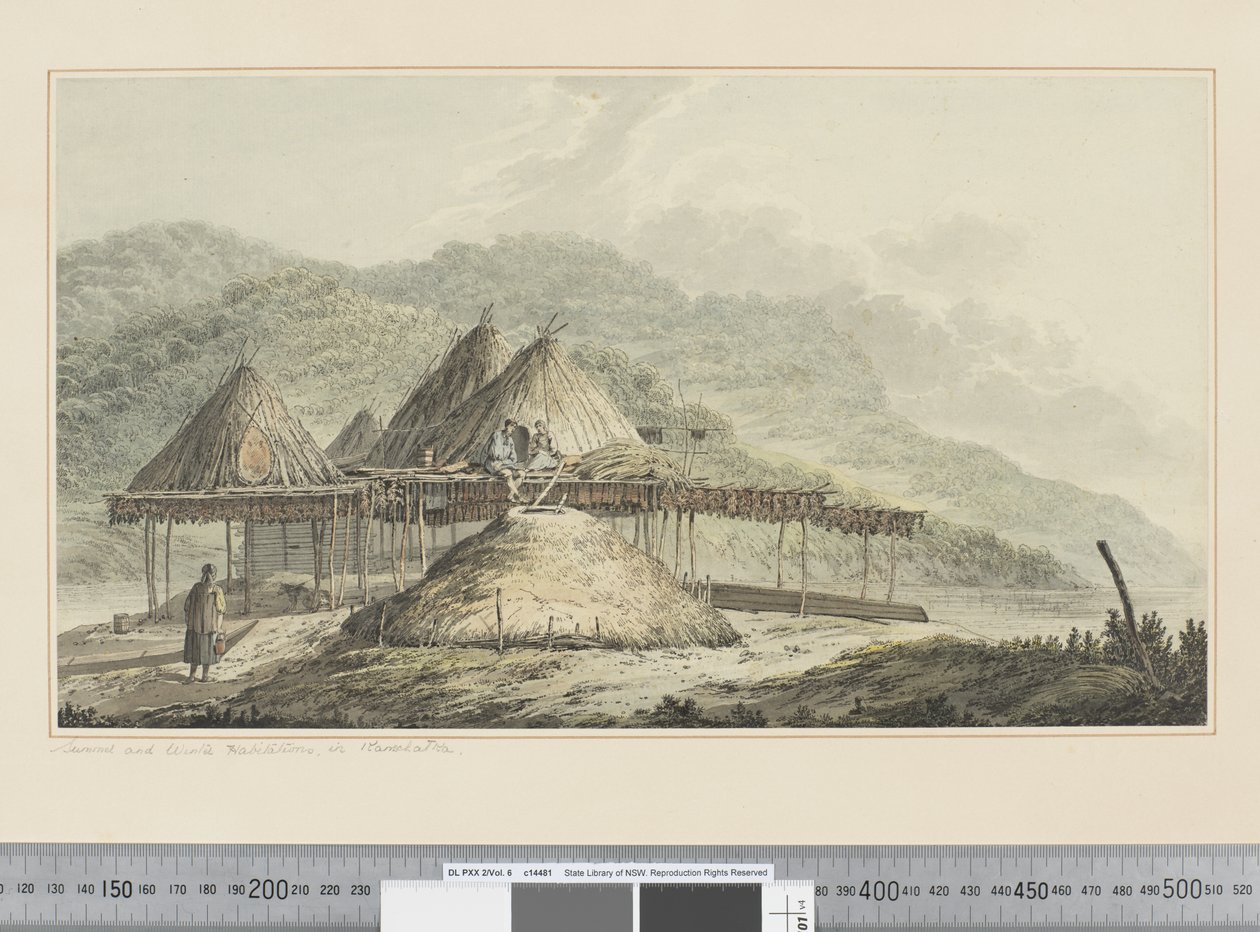 F.42 Sommar- och vinterboende i Kamschatka, ca 1783-84 (akvarell) av John Webber