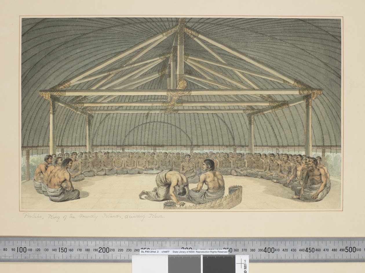 F.7 Poulaho, kung av de vänskapliga öarna, dricker Kava, ca 1773-84 (akvarell) av John Webber