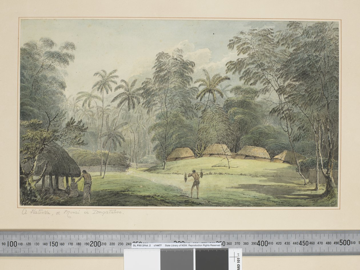 F.8 En Fiatooka, eller Morai i Tongataboo, ca 1773-84 (akvarell) av John Webber