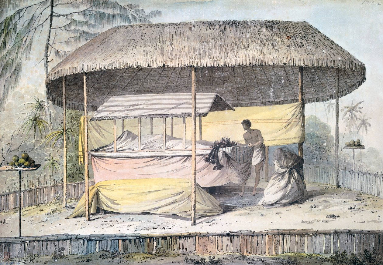 Begravning med den avlidne under trädkrona, Tahiti, Society Islands, akvarell av John Webber (1750-1793) från beskrivningen av kapten James Cooks sista resa (1776-1779), Polynesien av John Webber