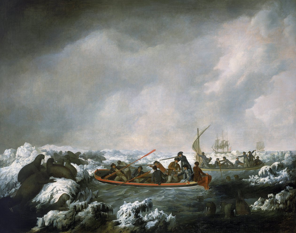 HMS "Resolution" besättning på jakt efter valrossar, till minne av målaren som återvände från James Cooks tredje expedition (1776-1780) (1728-1779) av John Webber