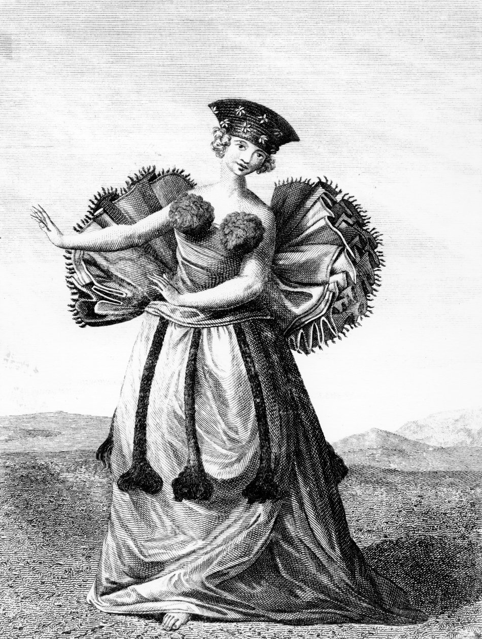 Habit of a Young Woman of Otaheite Dancing, ca 1785 (gravyr) av John Webber