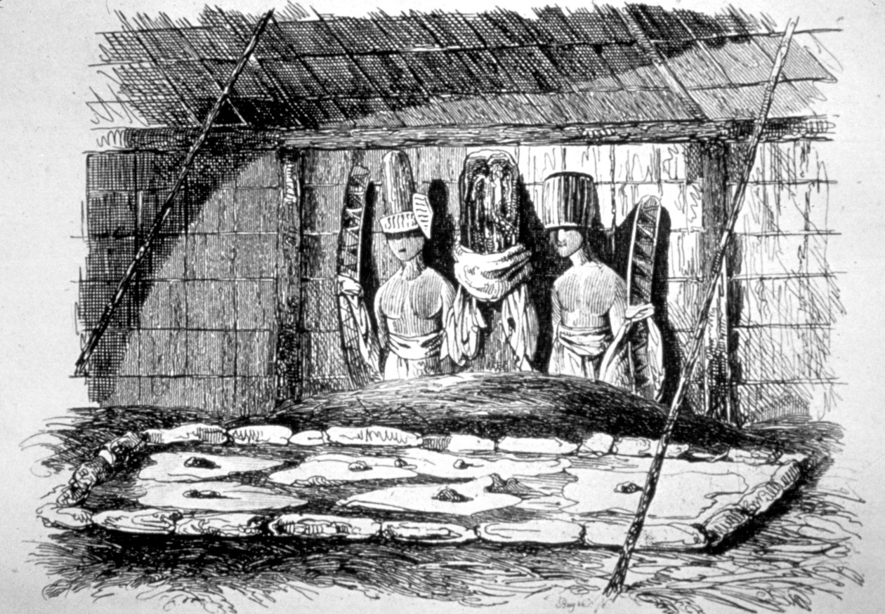 Inuti en begravningshydda, Tahiti, 1700-tal av John Webber