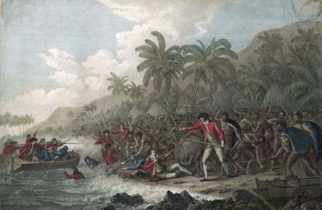 Kapten James Cook (1728-1779, brittisk upptäcktsresande) dödad av Hawaiianer, i Kealakekua Bay, på Sandwichöarna (Polynesien), 1779 - Kapten James Cooks död den 14 februari av John Webber