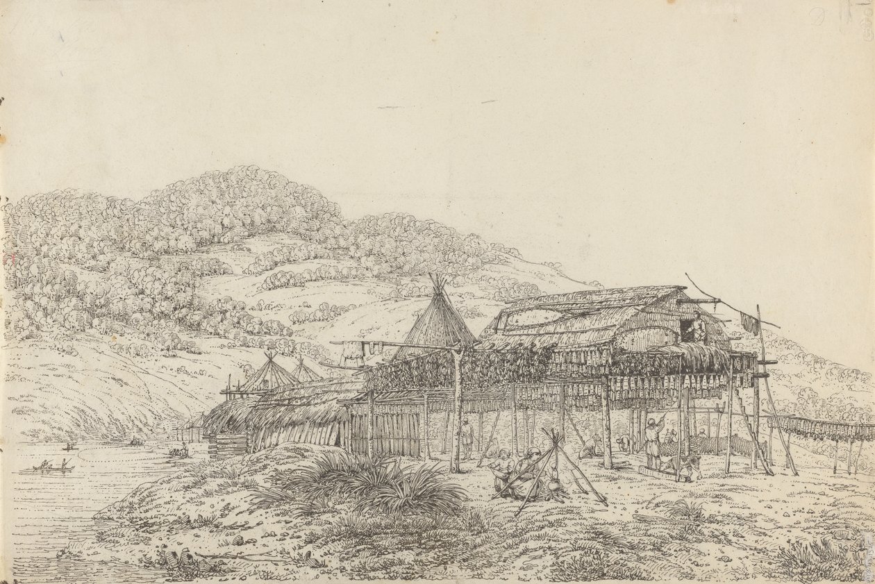 Balaganerna eller sommarboendena, med metoden att torka fisk, vid St. Peter och Paul, Kamtschatka av John Webber