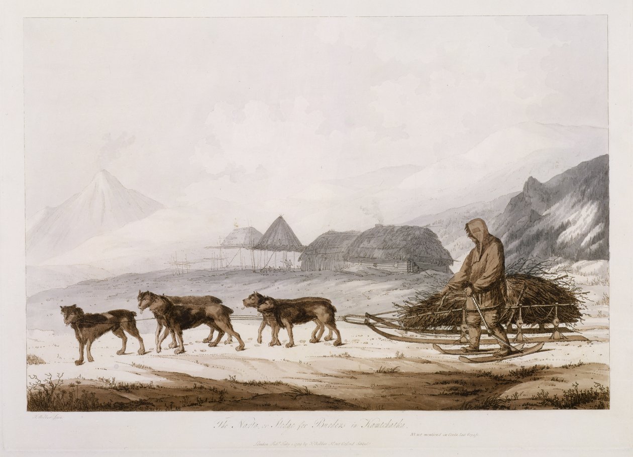 Nartan, eller Sledge for Burdens i Kamtschatka, från "Views in the South Seas", pub. 1789 av John Webber