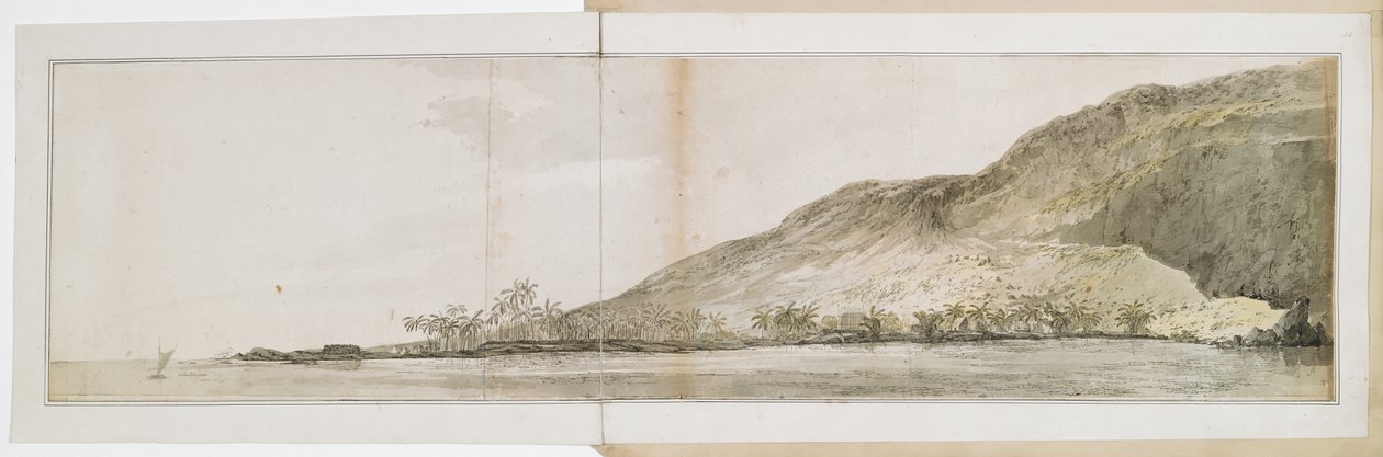 Vy över den norra punkten av Kealakekua Bay, på ön Hawaii, tagen från "Resolutionen". Den gjordes under besöket på Hawaiiöarna 17 januari-23 februari 1779, där kapten Cook dödades den 14 februari på den tredje resan. av John Webber