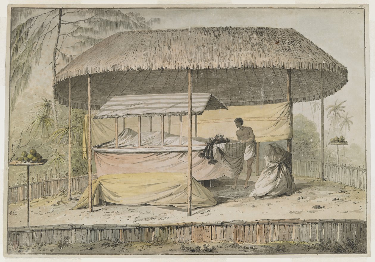 Waheiadooa, hövding över Oheitepeha, i viloläge, dokumenterad av kapten Cook under hans besök på Tahiti den 19 augusti 1777. En begravningsscen bär upp den svepta kroppen och en skötare. De skyddas av en markis med grästak och omges av en låg p av John Webber