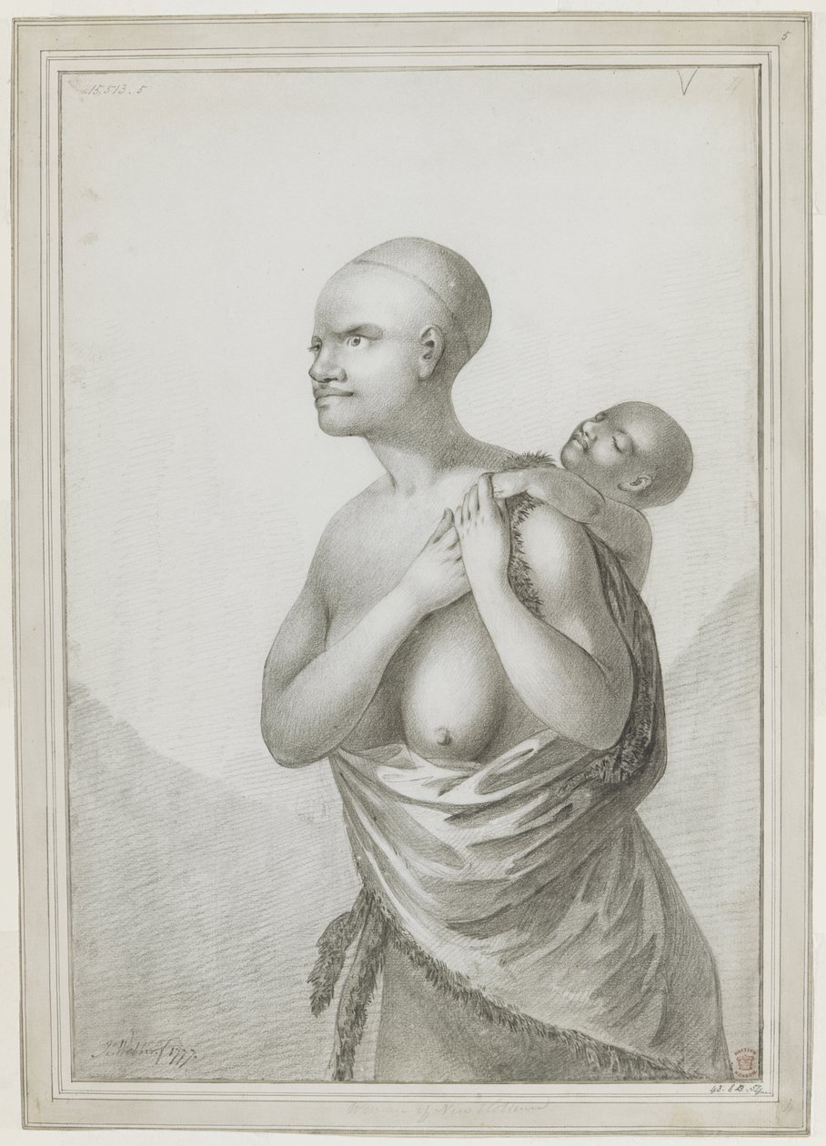 [Hela ritningen] En tasmansk kvinna som bär ett barn på ryggen, med en hud slängd från hennes vänstra axel runt midjan. januari 1777 av John Webber