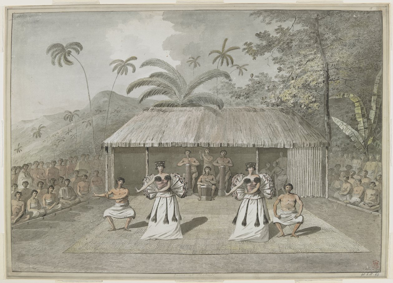 [Hel teckning] En dans eller heiva i Otaheite [Tahiti]. Två män och två kvinnor dansar, med trumslagare bakom och åskådare på båda sidor. September 1777 av John Webber