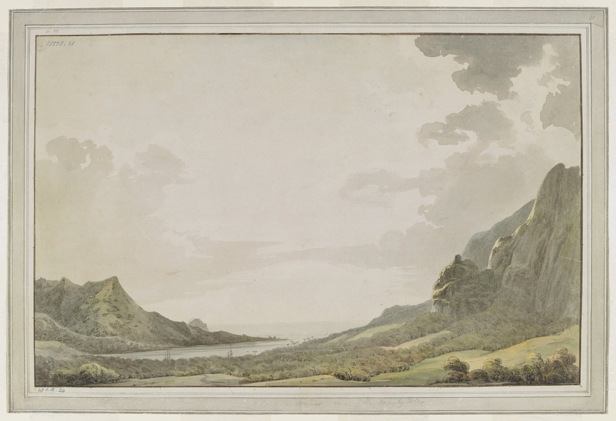 [Hel ritning]. En vy från Aimeos hamn [Papetoai Bay,] med utsikt mot havet; masterna för 